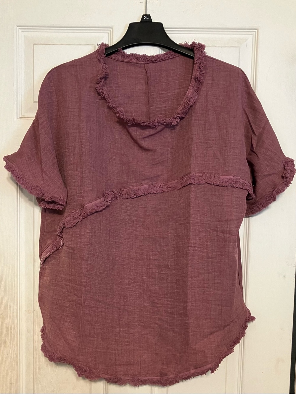 Women's Mauve Frayed Trim Short Sleeve Top Size L Blouse NEW Everyday Work Wear